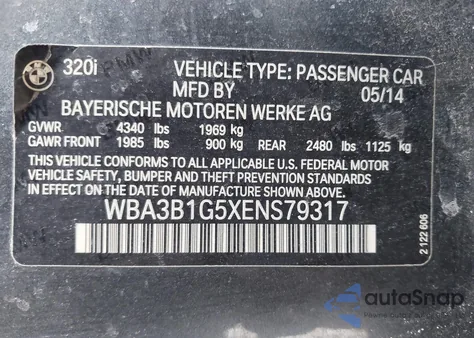 2014 BMW 320I z USA, uszkodzony, nr VIN WBA3B1G5XENS79317